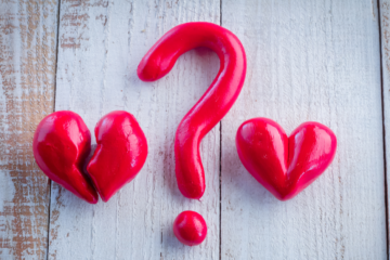 Asking the right question. Red Question mark between two hearts
